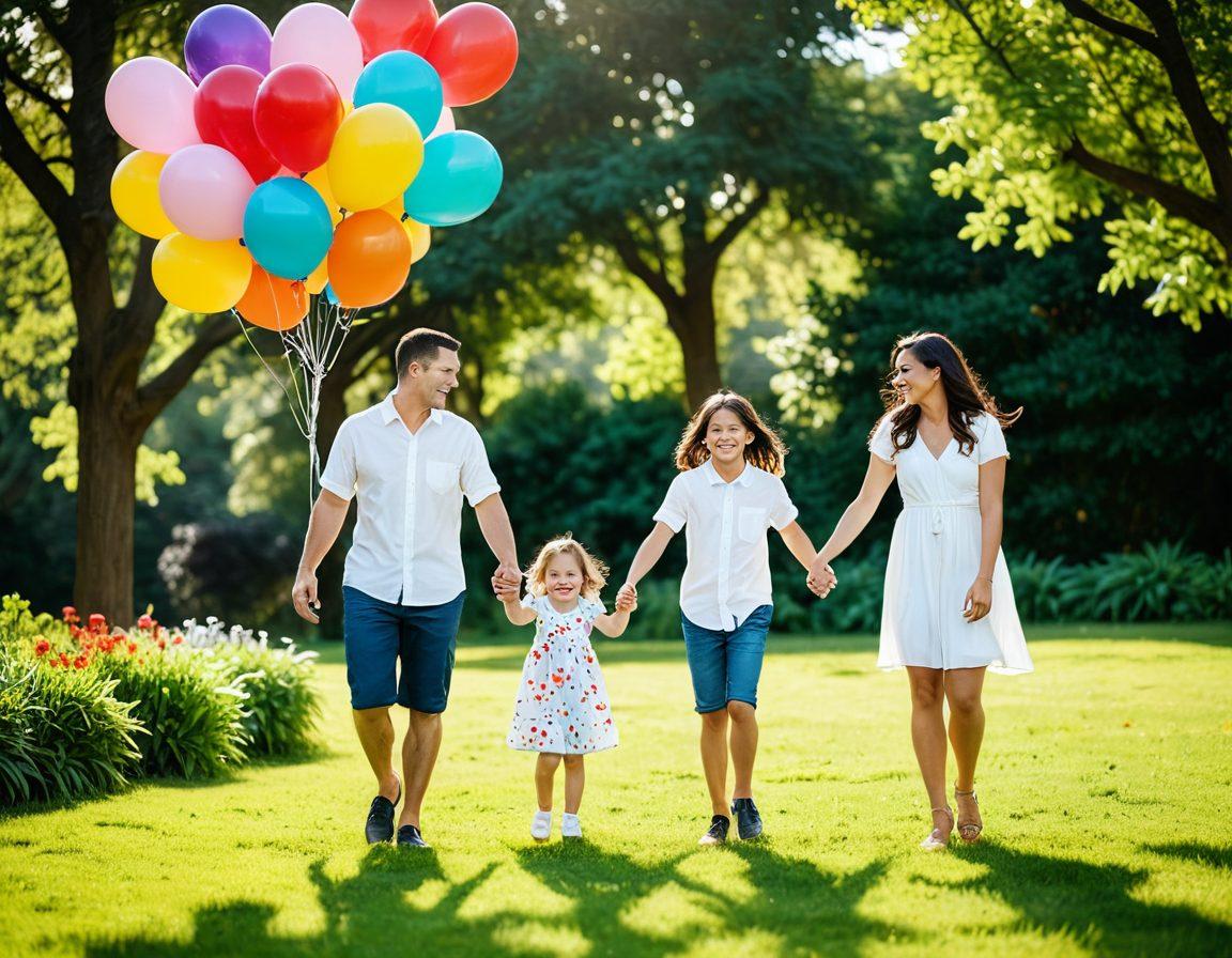 A lively family scene capturing joyful moments during a playful portrait session in a sunlit park. The family is engaged in fun activities like jumping, laughing, and playing with colorful balloons, surrounded by vibrant flowers and greenery. Expressions of joy and love radiate from each member, highlighting the bond they share. A soft focus on the background to emphasize the family's delightful interactions. super-realistic. vibrant colors. natural lighting.