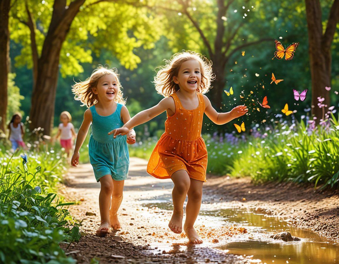 A vibrant scene of children playing freely in a sunlit park, capturing genuine laughter and spontaneous moments. Emphasize their diverse backgrounds, joy, and expressions of wonder while engaging with nature, like chasing butterflies and splashing in puddles. Soft focus on the background to highlight the children in action, reflecting the magic of childhood. super-realistic. vibrant colors. soft focus.