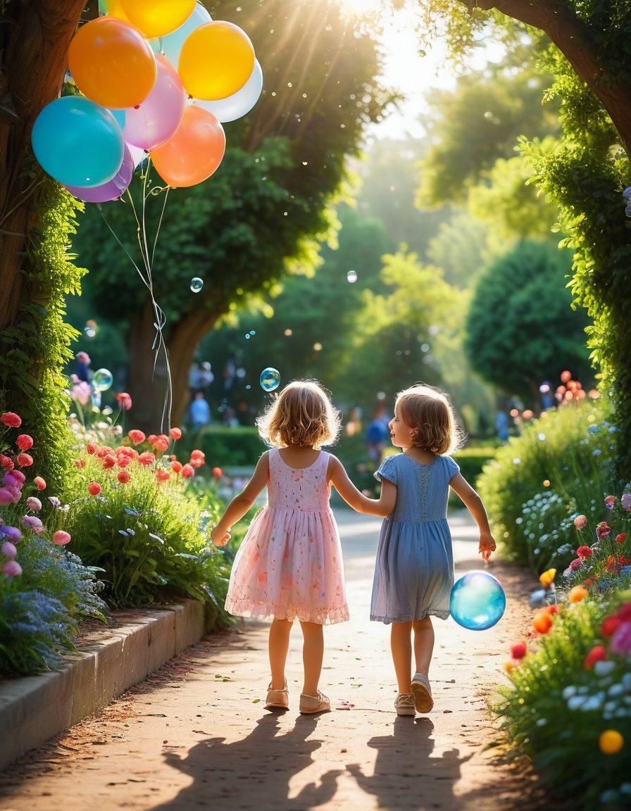 A heartwarming scene of joyful children playing in a sunlit park, their laughter captured mid-action as they chase bubbles and balloons. The background features colorful flowers and lush greenery, with a soft focus on a loving family watching them happily. The scene radiates a sense of whimsy, innocence, and sheer delight. super-realistic. vibrant colors. soft focus.